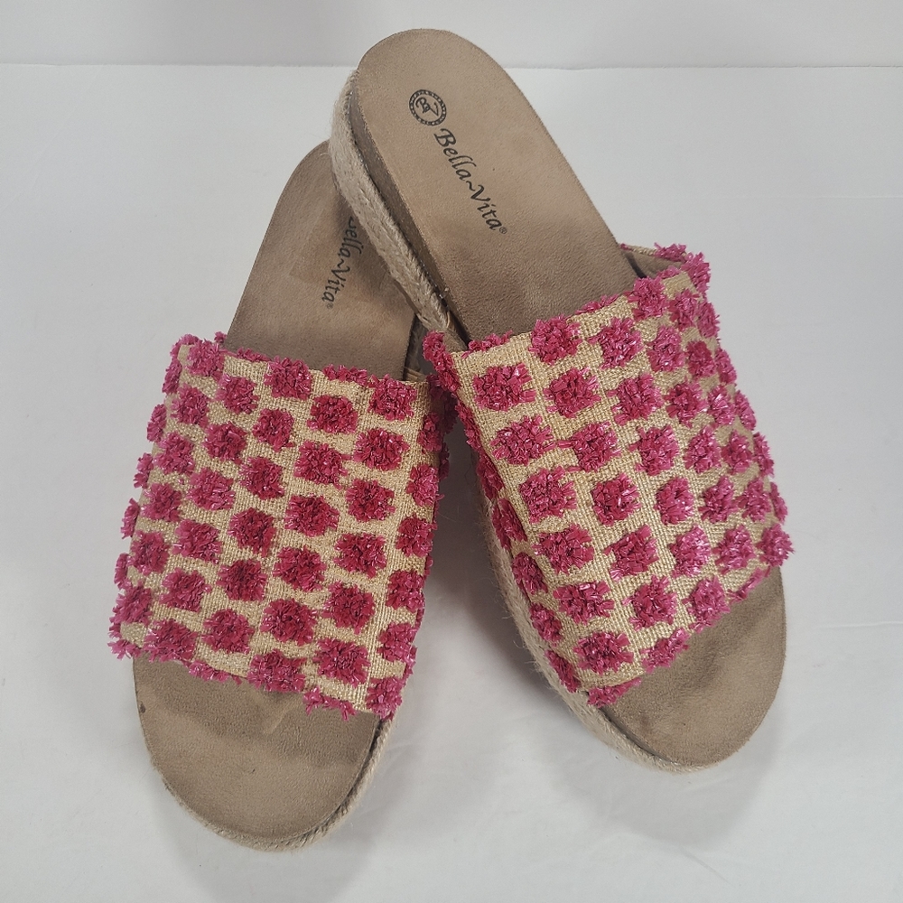 Bella-Vita Satara Platform Slide Sandals Natural Raffia Pink Women Size 12